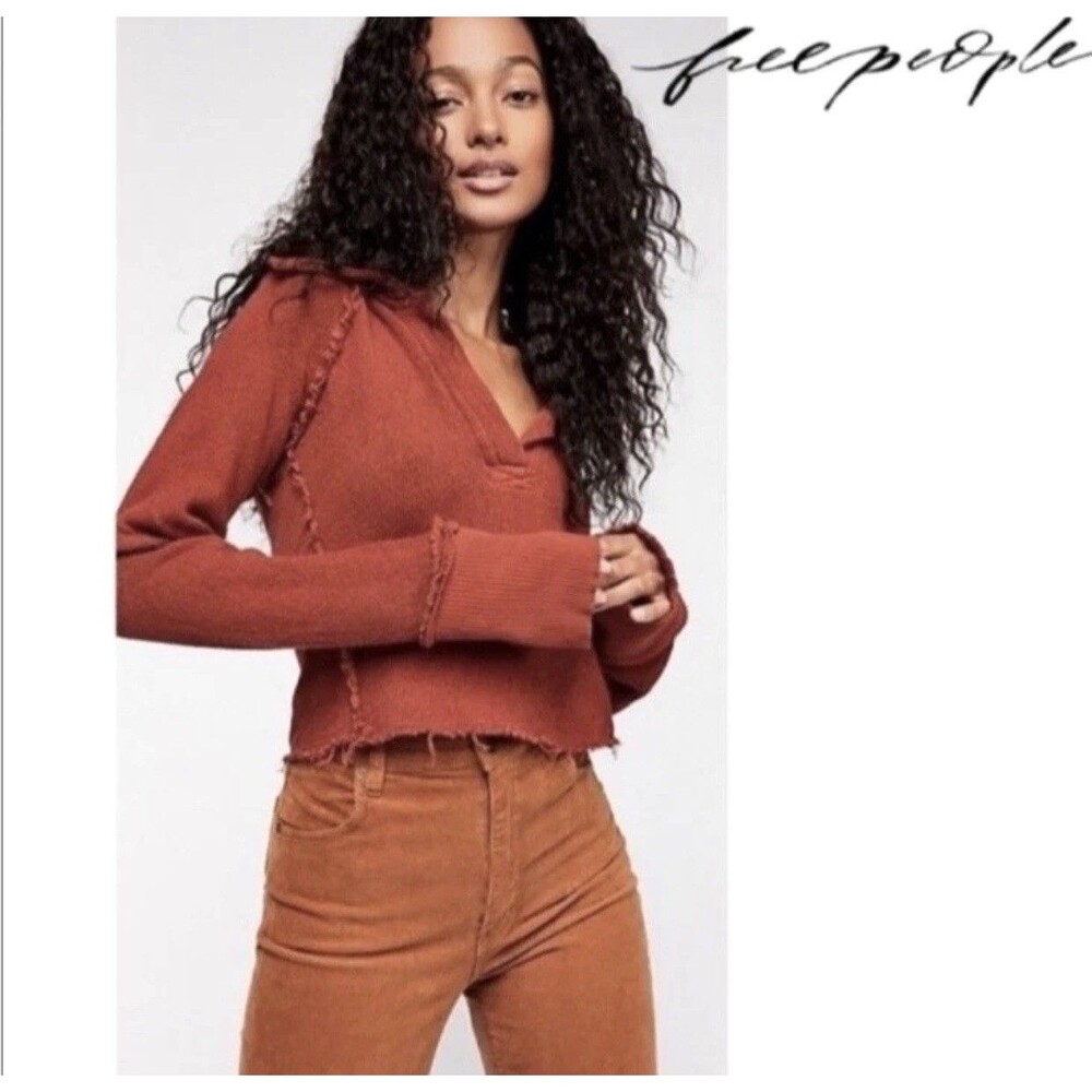 Free People We The Free Darcy Cropped Long Sleeve Top Collared Frayed Size S EUC